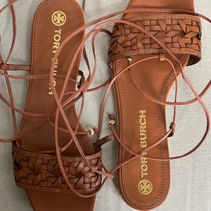 Tory Burch Basketweave Lace-Up Espadrille Sandal Aged Camello Size 10.5 M